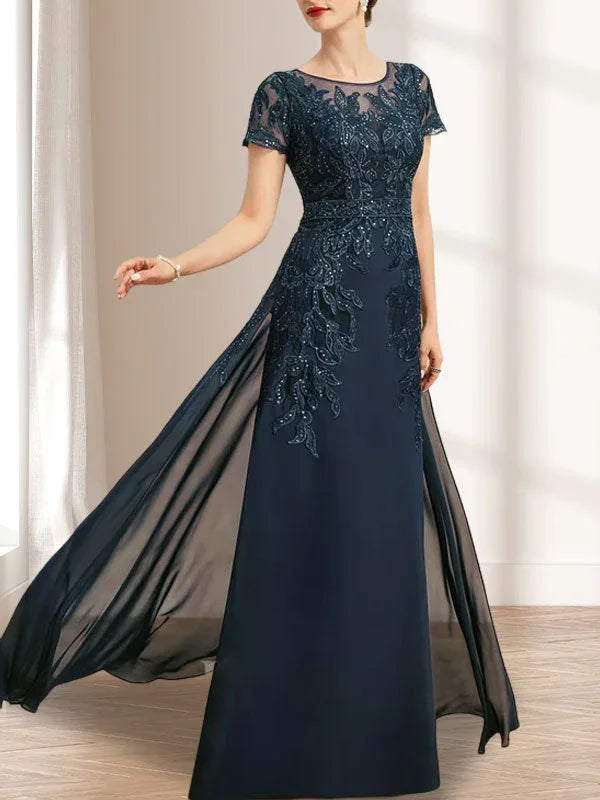 Vestido de madrina de novia con ilusión, corte columna y fajín, largo hasta el suelo, de encaje y gasa con lentejuelas