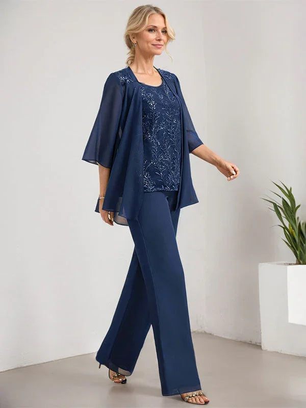 Macacão/Conjunto de Calças com Decote Redondo, Comprimento até ao Chão, em Renda e Chiffon, Vestido de Mãe da Noiva com Lantejoulas