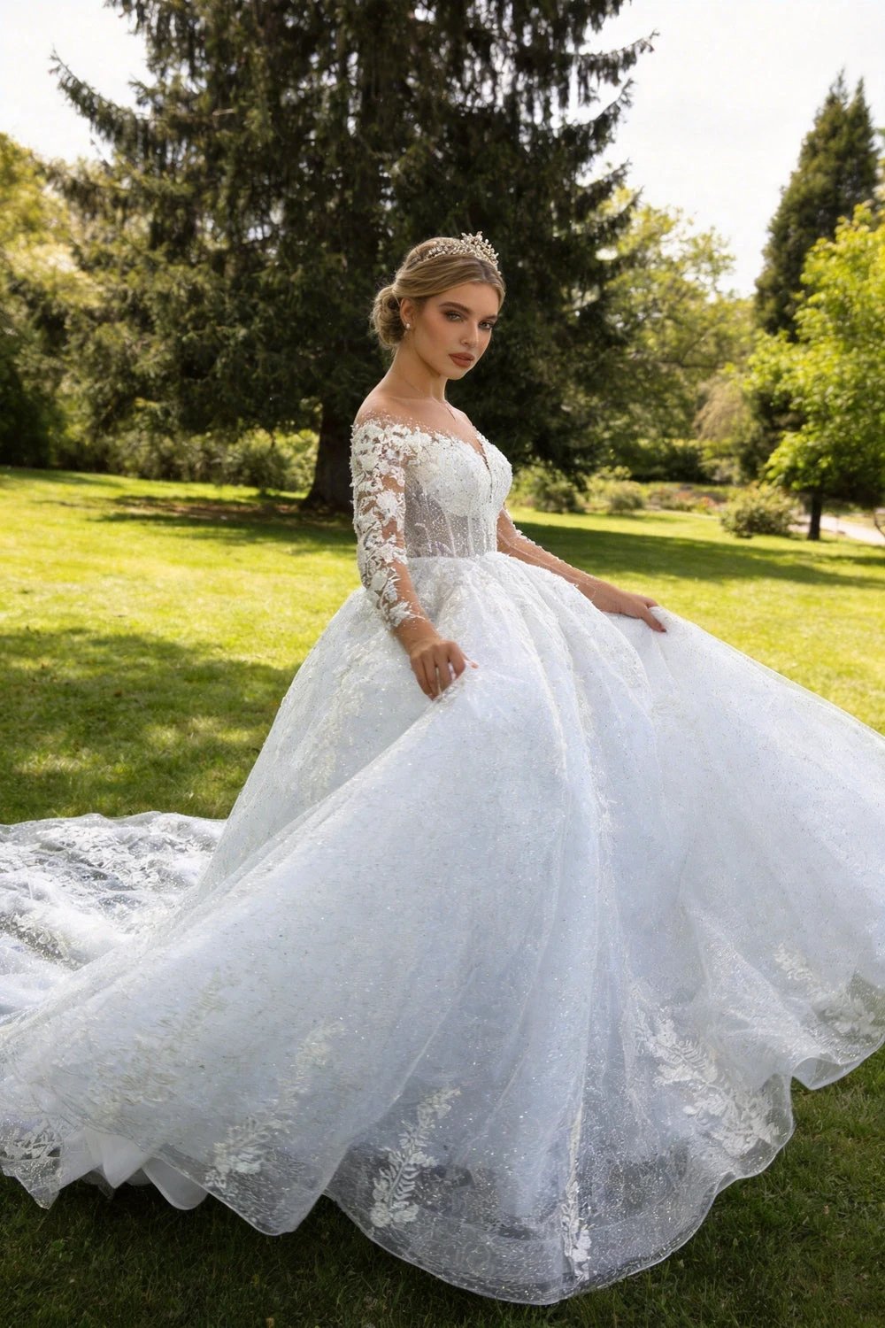 2025 Luxury Muslim Wedding Dress Women's Elegant Long Sleeve Lace Applique A-line Dress Beach Wedding Princess Party O-Neck Brid WD001 by payinti