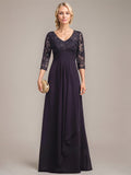A-line V-Neck Floor-Length Lace Chiffon Mother of the Bride Dress With Cascading Ruffles Sequins