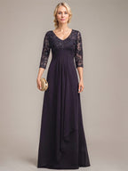 A-line V-Neck Floor-Length Lace Chiffon Mother of the Bride Dress With Cascading Ruffles Sequins