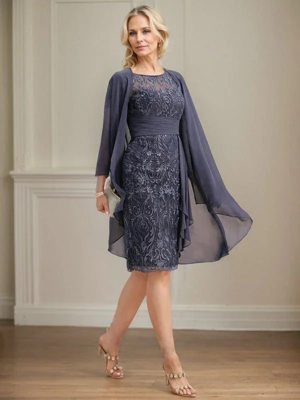 Vestido de madrina de novia con ilusión, corte columna, largo hasta la rodilla, encaje y gasa, con volantes en cascada y lentejuelas
