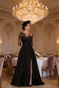 Black Lace Illusion Neck Satin Evening Gown, High Slit Mother of the Bride Dress by tangjianjun