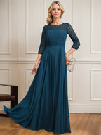 A-line Scoop Illusion Floor-Length Lace Chiffon Mother of the Bride Dress With Pleated