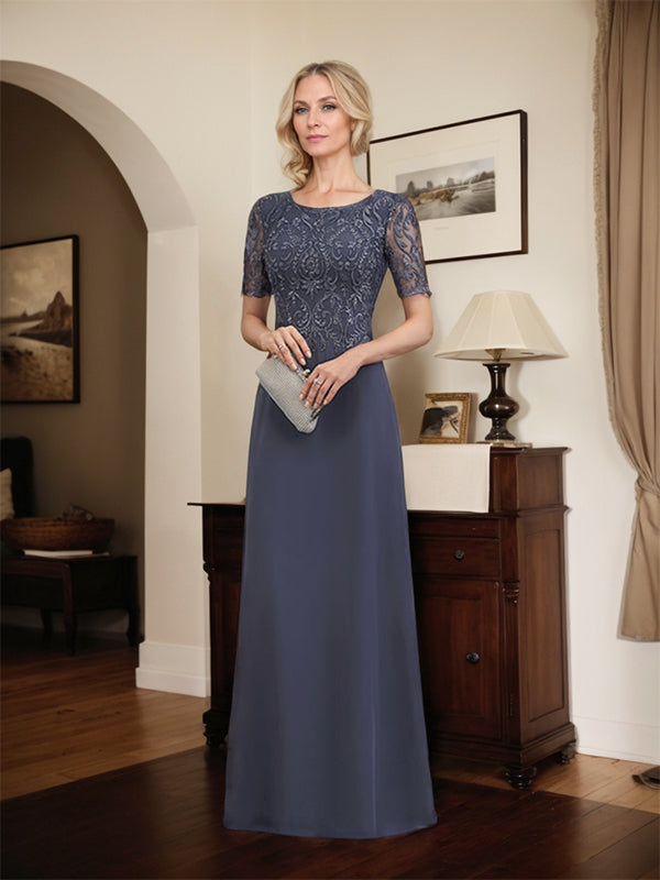 A-line Scoop Floor-Length Lace Chiffon Mother of the Bride Dress With Sequins