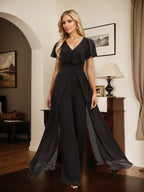 Tuta elegante da sera in chiffon, scollo a V, lunghezza fino al pavimento