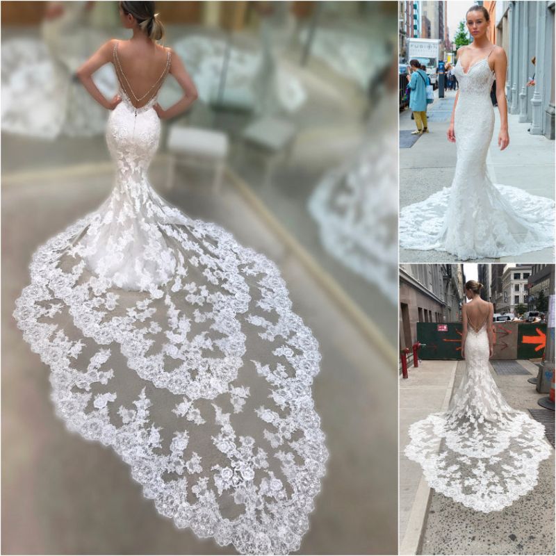 Spaghetti Straps Mermaid Backless V Neck Long Lace Wedding Dress