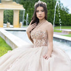 Champagne Beaded Ball Gown Detachable Sleeves Quinceanera Dress 2026