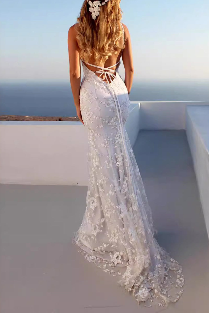 Vestidos de Noite Sexy de Cor Sólida com Decote em V e Trabalhos de Aplicação de Rendas nas Costas (3 Cores)