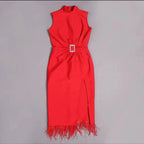 Beaded Belt Bandage Evening Dress Sleeveless Split Feather Party Tight Dress Cocktail