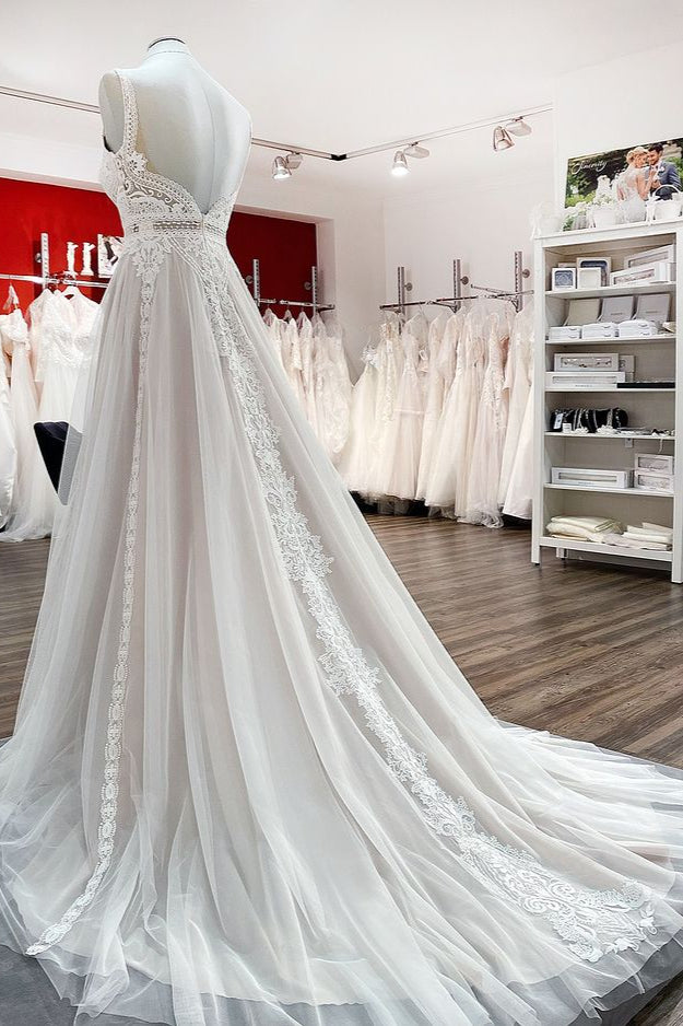BMbridal Simply Sleeveless White Tulle Lace Ruffles A Line Wedding Dress Long
