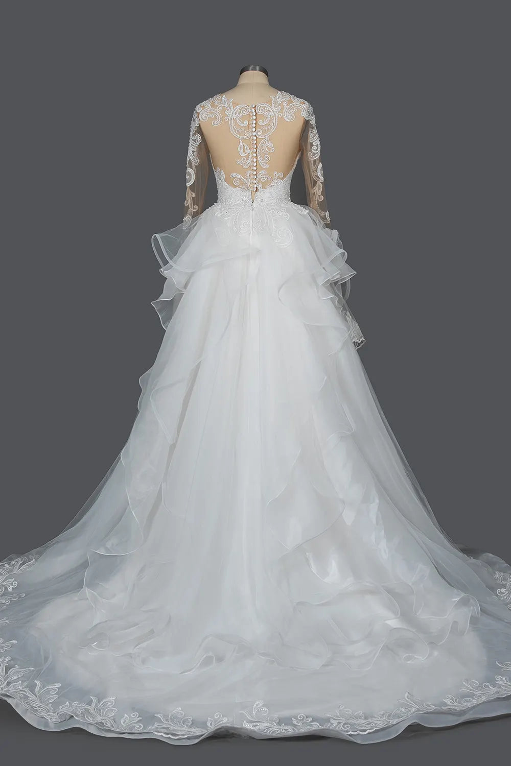 Chic Ruffled Ball Gown Long Sleeve Wedding Dress With Lace Appliques