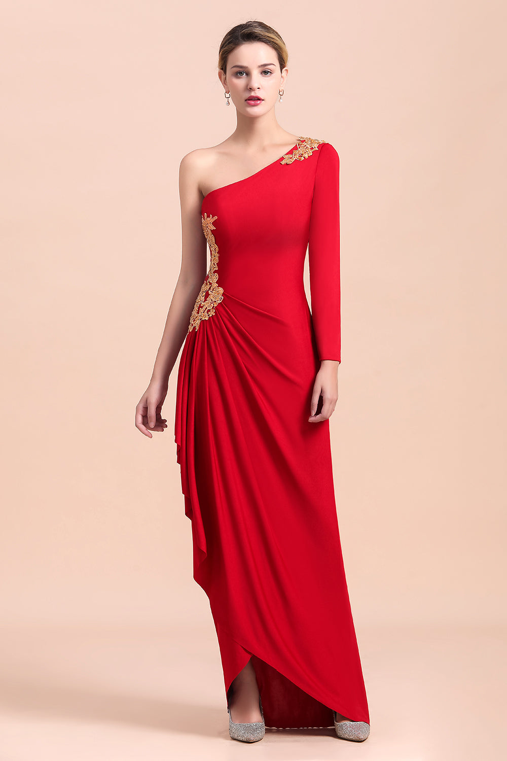 BMbridal Chic One-Shoulder Long Sleeves Ruffle Mother of Bride Dresses with Appliques
