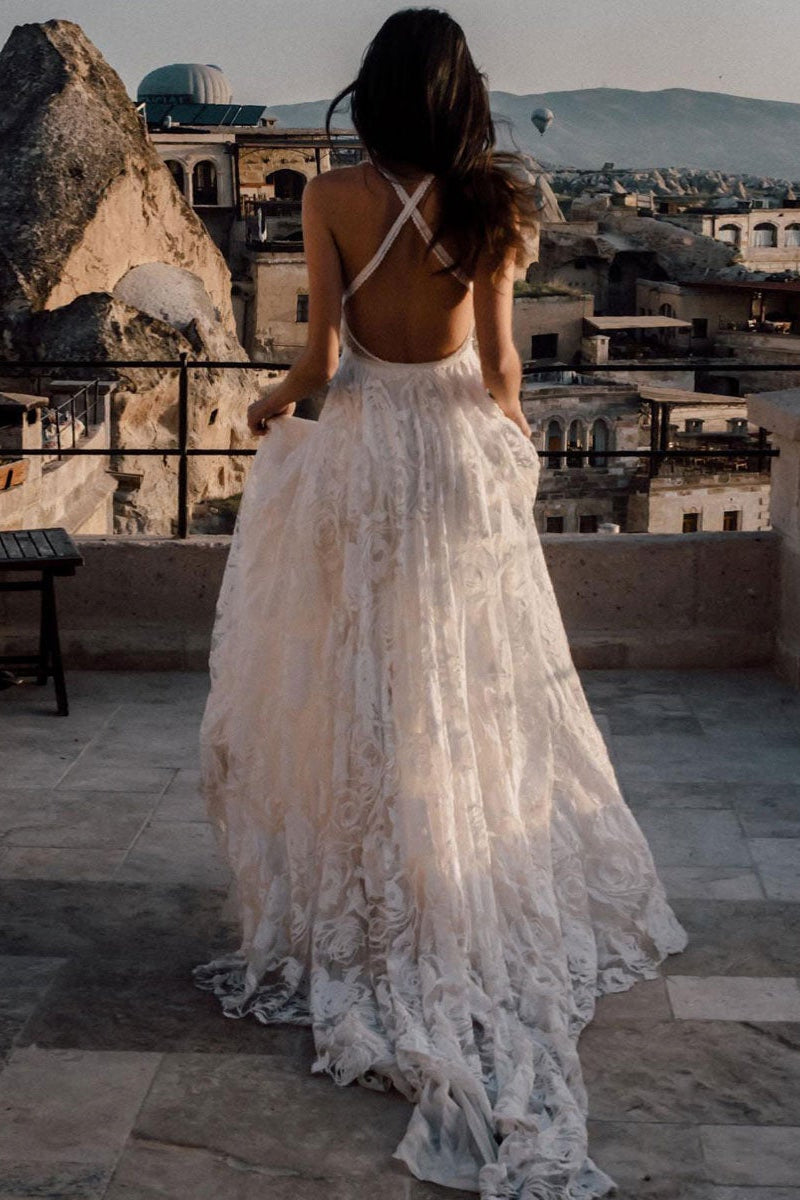 Lace Spaghetti Straps Wedding Dress with Slit Elegant Bridal Gown