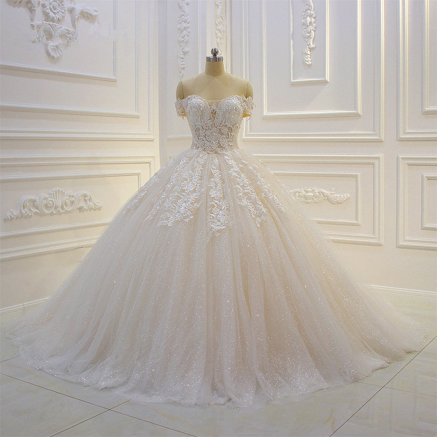 Chic Sequin Off The Shoulder Sweetheart Ball Gown Wedding Dress Appliques Lace