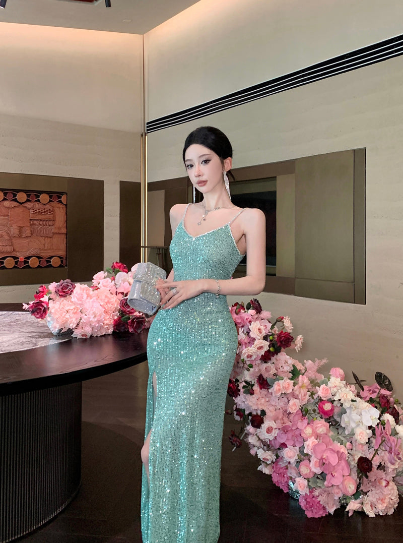 Abito da Sera Verde con Paillettes e Spacco Alto – Elegante Vestito da Festa e Cerimonia