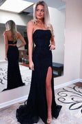 Vestido de fiesta largo con lentejuelas negras, sin tirantes y abertura frontal