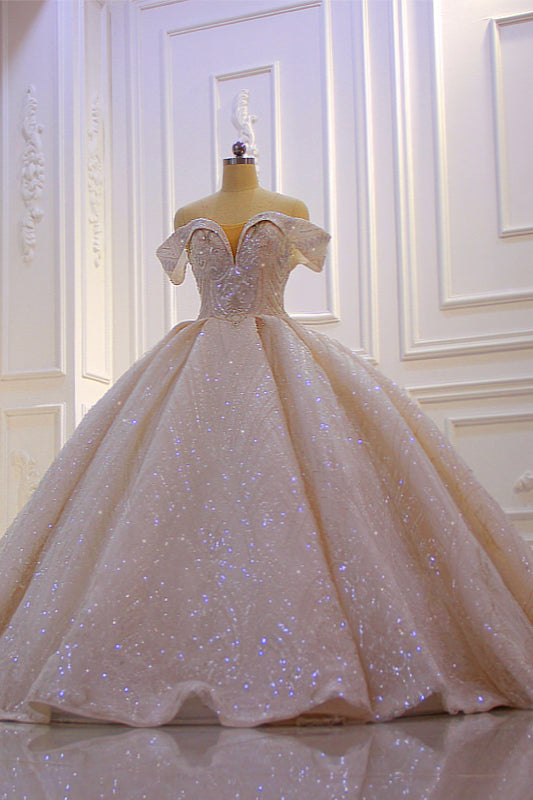 Off The Shoulder Satin Ball Gown Wedding Dress With Ruffles Beading And Sequins