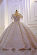 Off The Shoulder Satin Ball Gown Wedding Dress With Ruffles Beading And Sequins