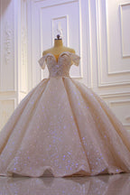 Off The Shoulder Satin Ball Gown Wedding Dress With Ruffles Beading And Sequins