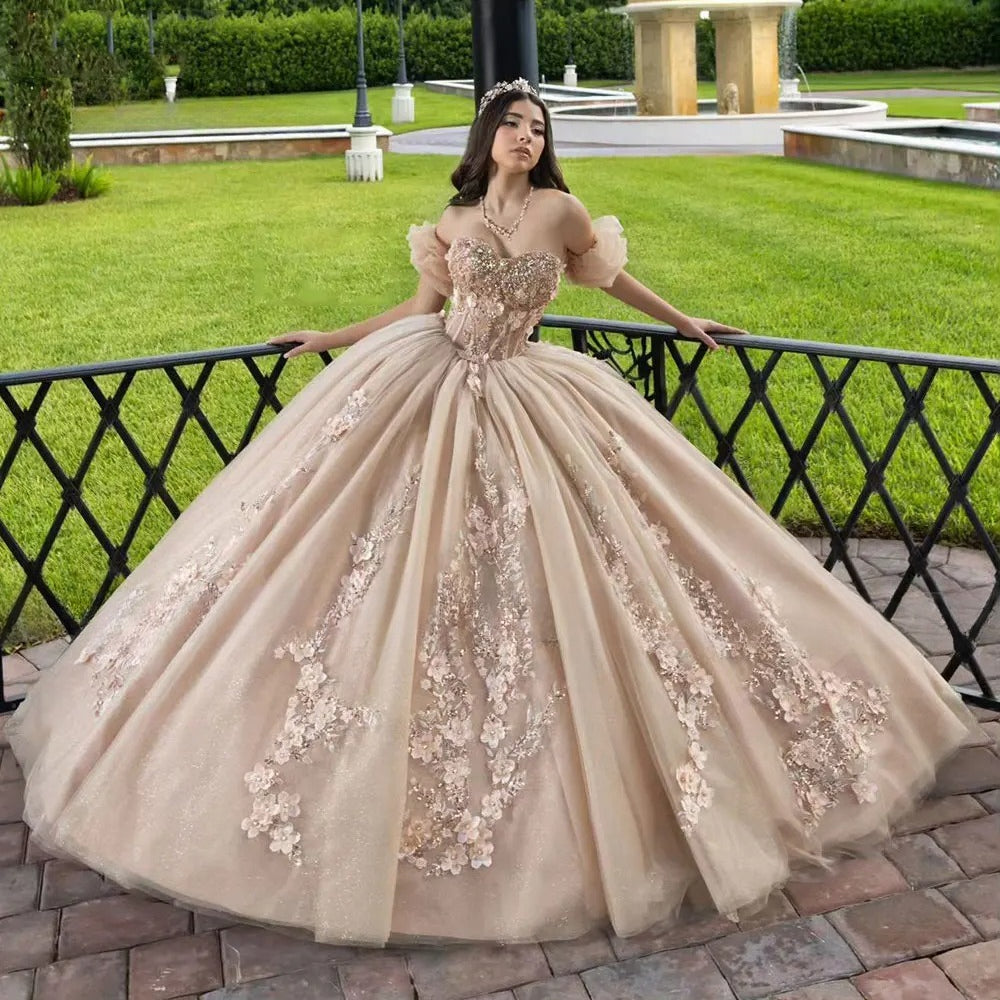 Champagne Beaded Ball Gown Detachable Sleeves Quinceanera Dress 2026