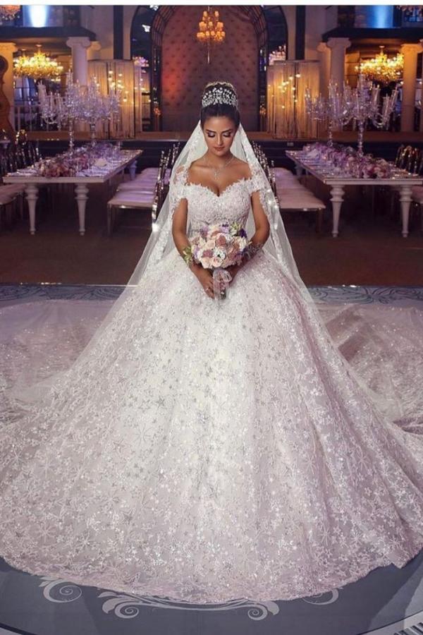 Modest Lace Long Princess Wedding Dress Off The Shoulder