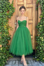 A-line Tulle Spaghetti-Straps Emerald Prom Dress