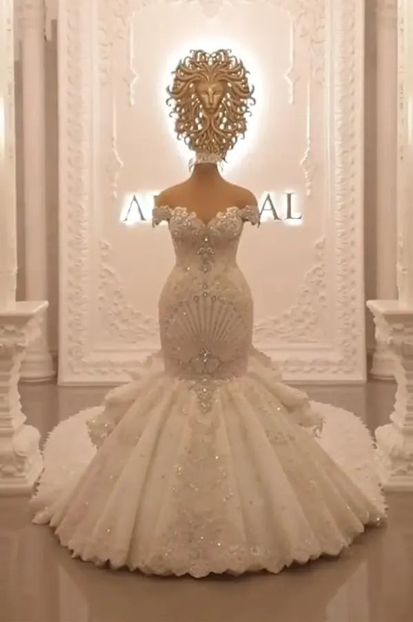 Elegant Floor Length Mermaid Wedding Dress Backless Off The Shoulder Crystals