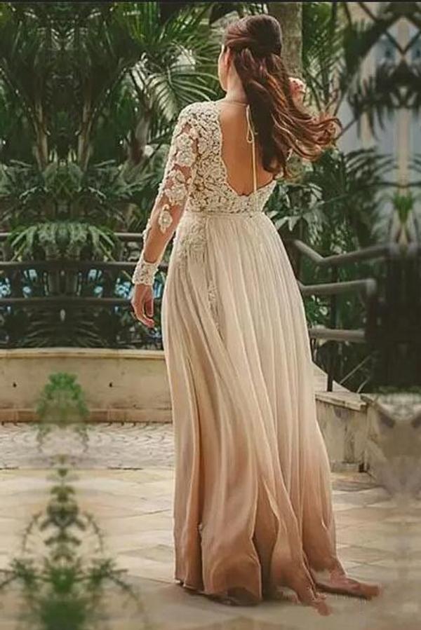 Bmbridal Lace V Neck Long Sleeve Backless Wedding Dress 100D Chiffon