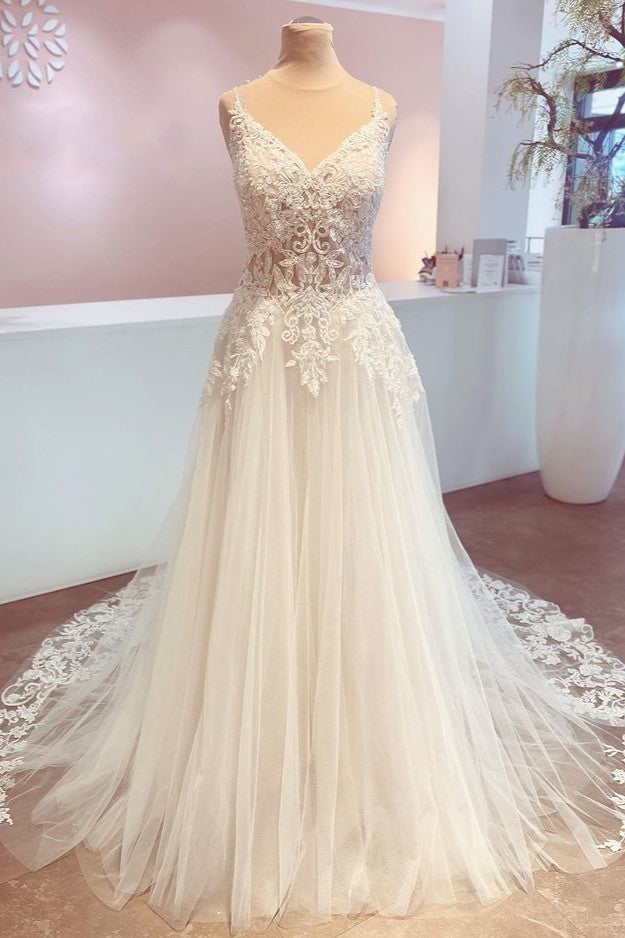 Romantic Lace V Neck A Line Wedding Dress With Elegant Detailing