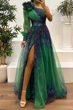 Vestidos de Noite Sexy para Baile de Finalistas com Estampa Floral, Fenda, Transparência em Tule e Decote Assimétrico (6 Cores)