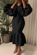 Vestido de Noite Básico Unicolor Decote em V Sensual e Elegante