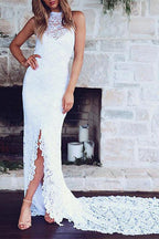 Lace High Neck Beach Wedding Dress For Summer Lightweight Comfort