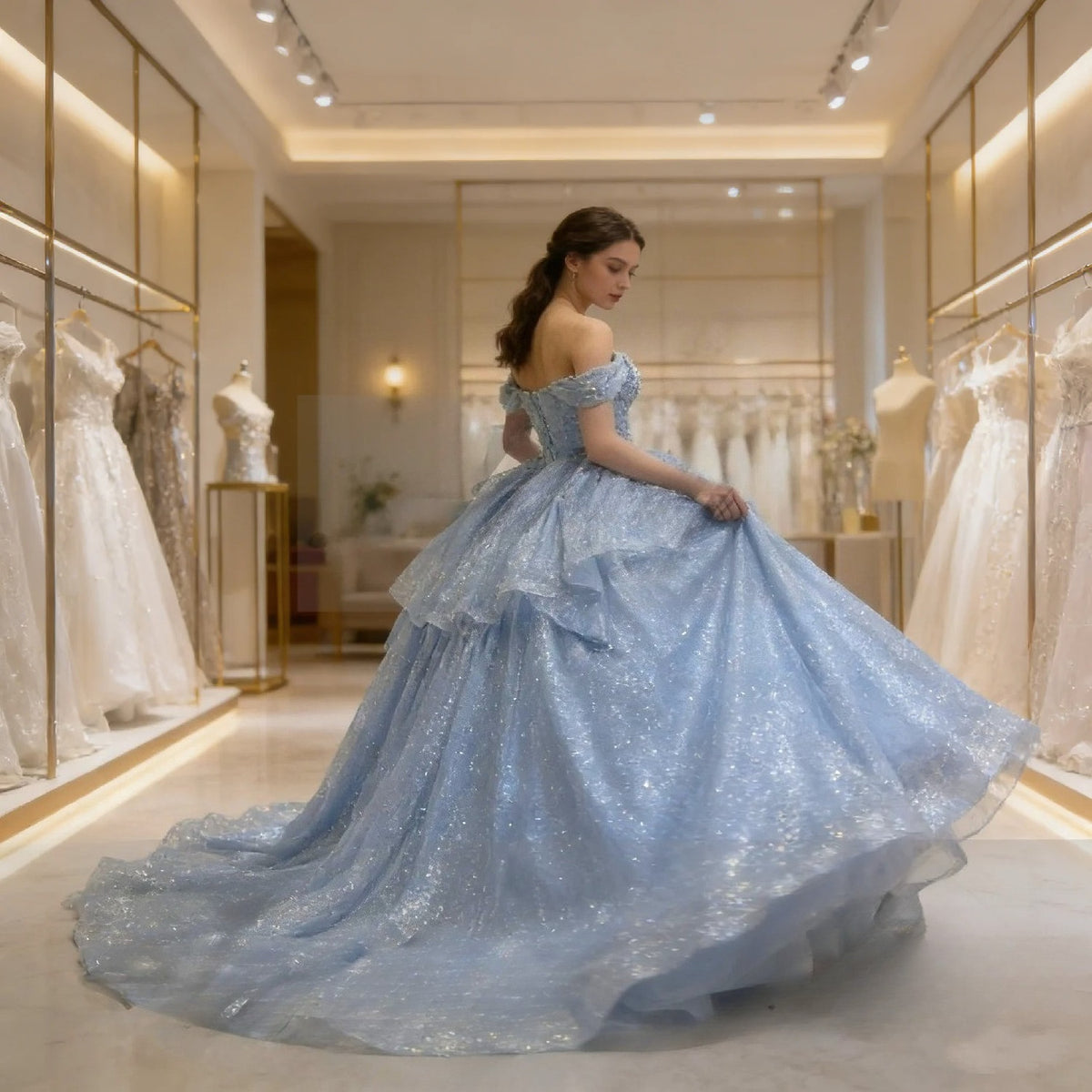 Imagem real céu azul boné manga pérolas em camadas vestido de baile tule shinny feminino festa de formatura ocasião wear quinceanera 15 personalizado