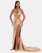 Sexy trägerloses Ballkleid in Königsblau mit V-Ausschnitt, hohem Schlitz und Plissee 