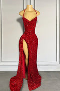 Bmbridal Red A-Line Halter Sleeveless Stain Prom Dresses with Sequins