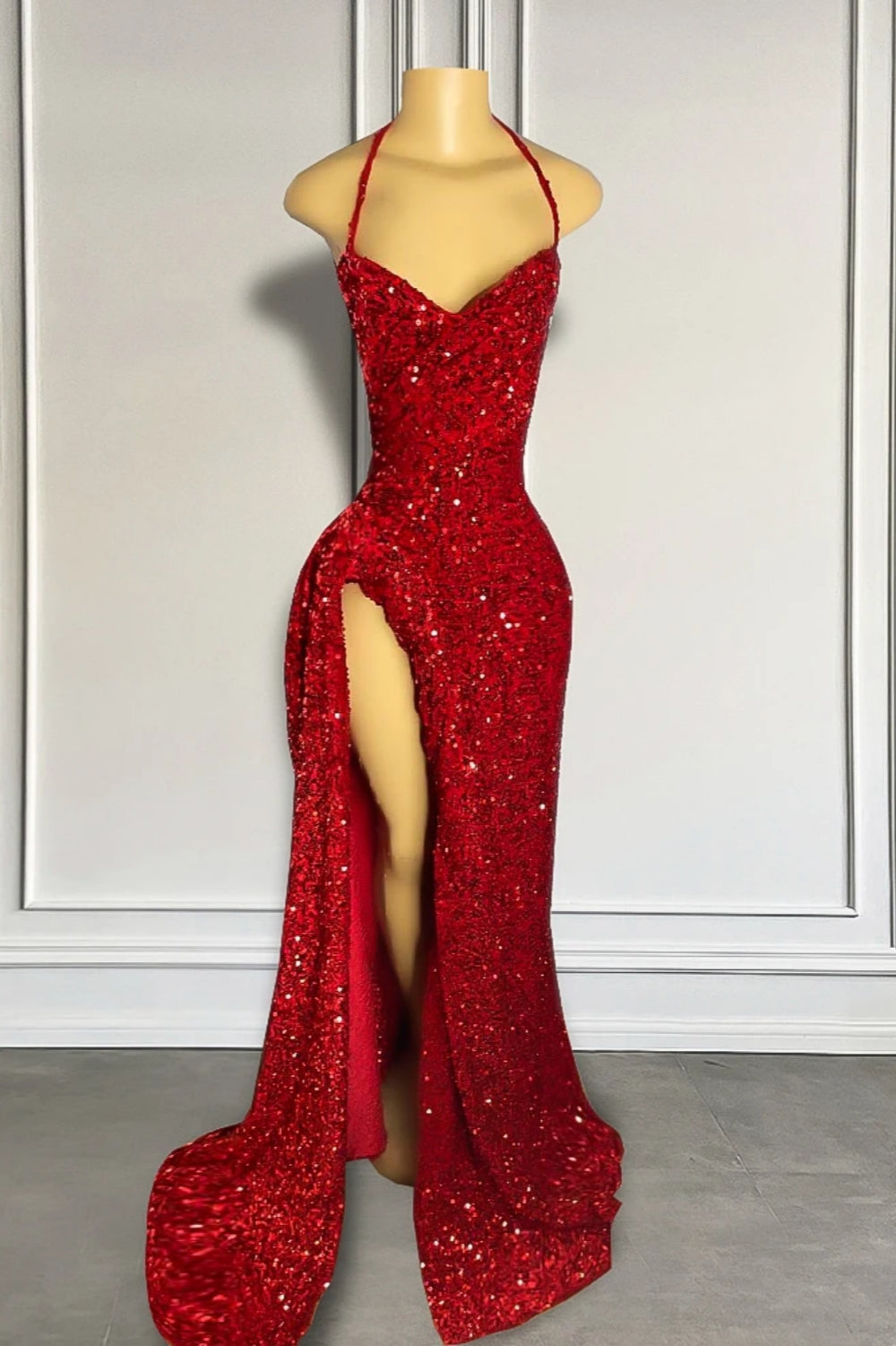 Bmbridal Red A-Line Halter Sleeveless Stain Prom Dresses with Sequins