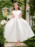 Ivory Satin Flower Girl Ball Gown with Sash Bow | Ankle-Length Tulle Dress (010007314)