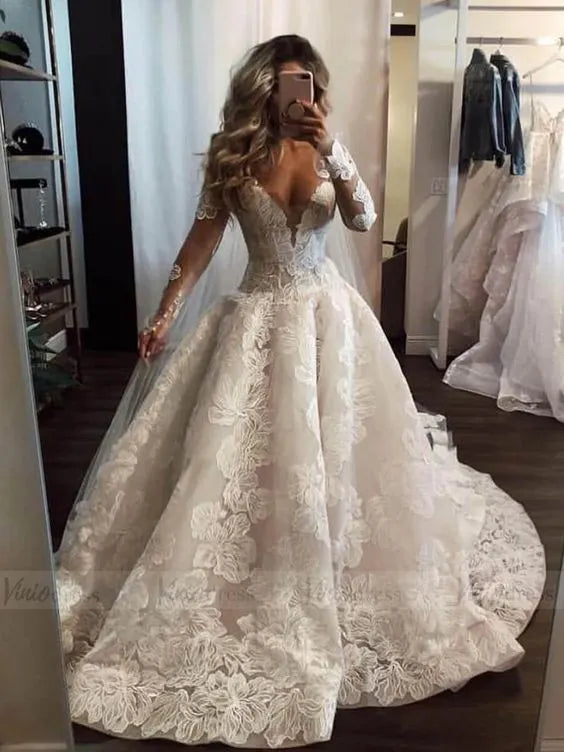 Pearl Floor Length A Line Wedding Dress With Deep V Neck Lace Appliques Sleeves