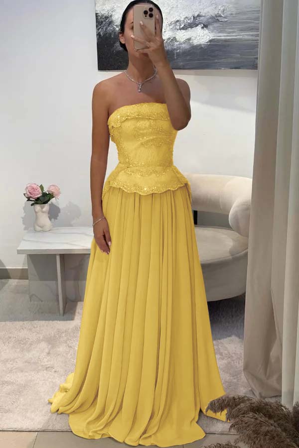 Chic Strapless Sleeveless Long Pleated Beaded Custom Prom Dress