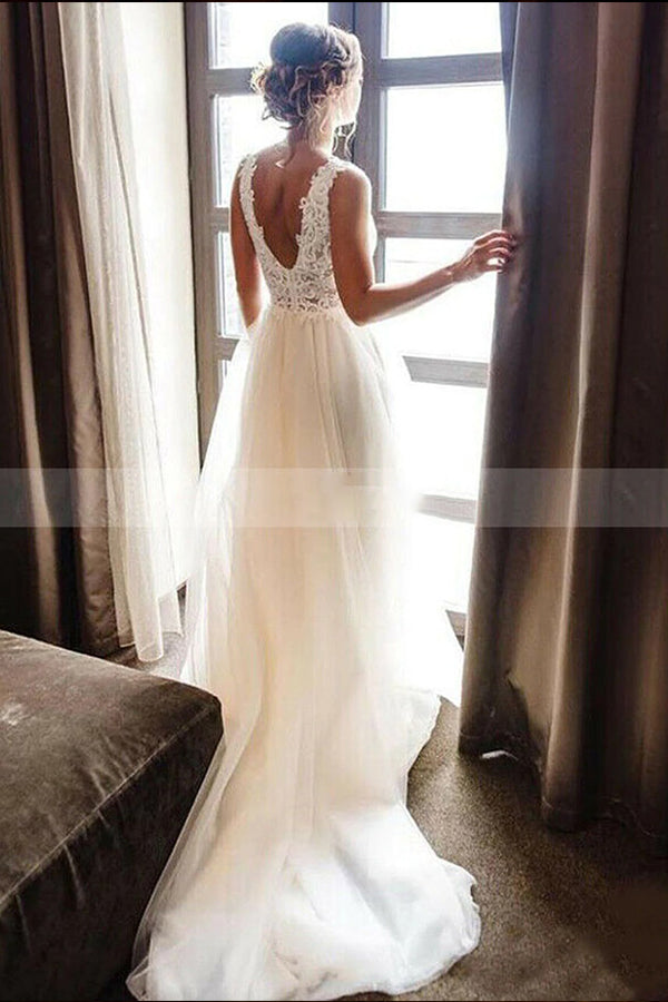 Chic V Neck A Line Backless Straps Wedding Dress With Lace Applique