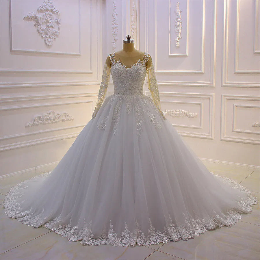 Elegant Long Sleeves Bateau Lace A Line Wedding Dress With Pearl Tulle Appliques