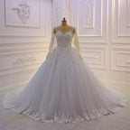 Elegant Long Sleeves Bateau Lace A Line Wedding Dress With Pearl Tulle Appliques