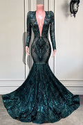 Vestido de Festa Sereia com Decote em V, Mangas Compridas, Renda e Lantejoulas Verde Esmeralda