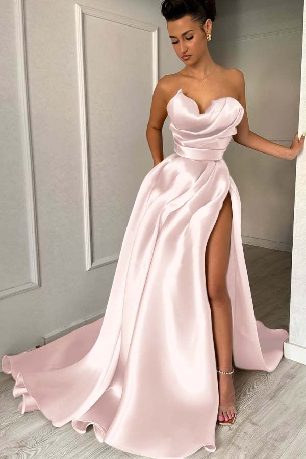 Strapless Sleeveless Long Prom Dress With High Split Pleated