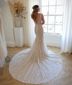 Chic Long Mermaid Wedding Dress With V Neck Open Back Lace Gown
