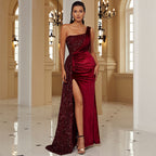 Elegante sexy longo lantejoulas sem mangas gola diagonal sem costas cocktail vestido de noite vestido de dama de honra feminino