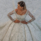 Bmbridal Long Sleeve Satin Ball Gown Wedding Dress Beaded Sequined