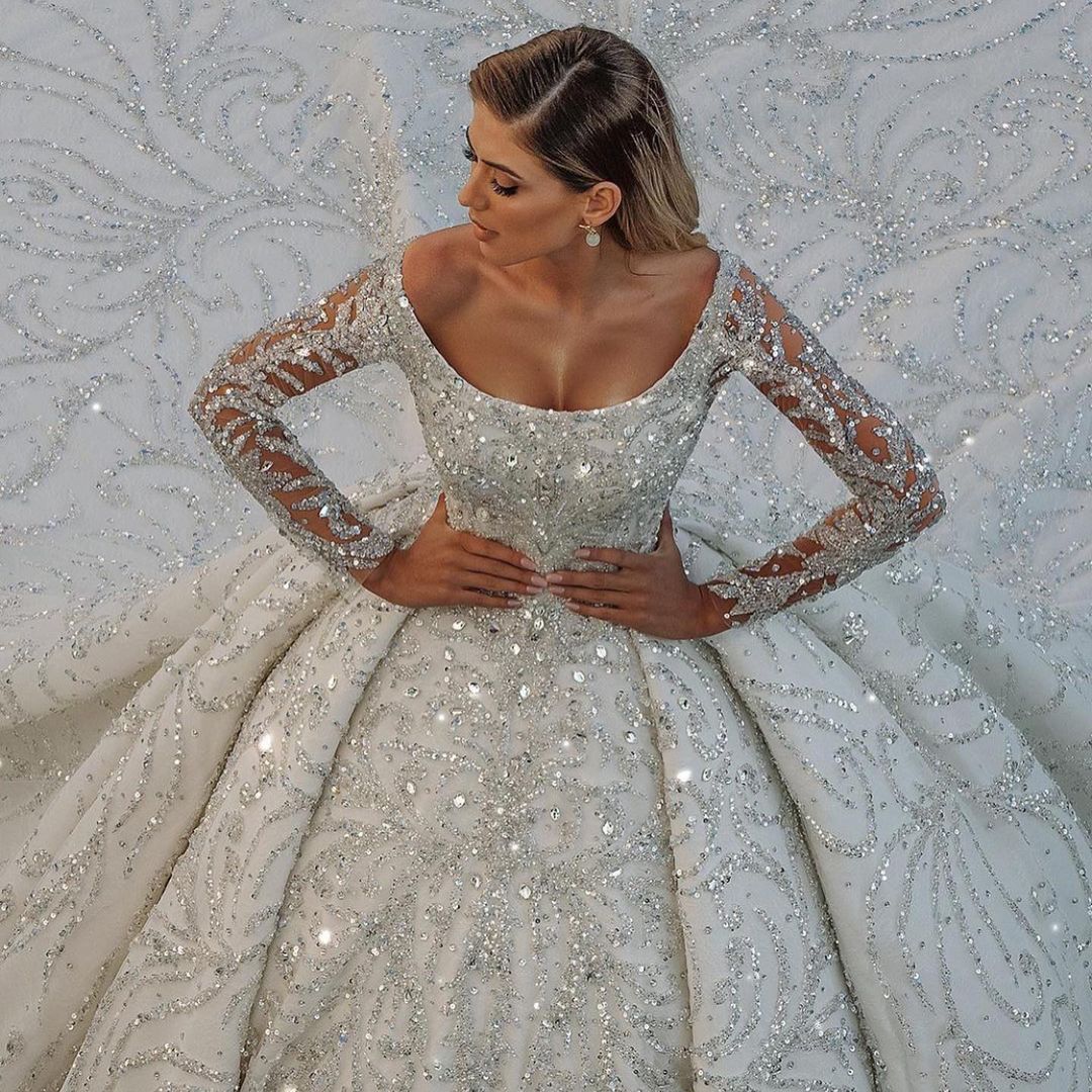 Bmbridal Long Sleeve Satin Ball Gown Wedding Dress Beaded Sequined