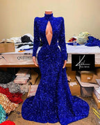 Vestido de fiesta de sirena con lentejuelas color zafiro real, cuello alto y mangas largas